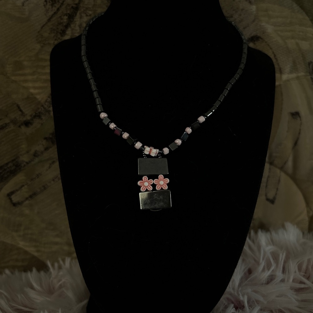 Hematite Pink Flower Beaded Necklace